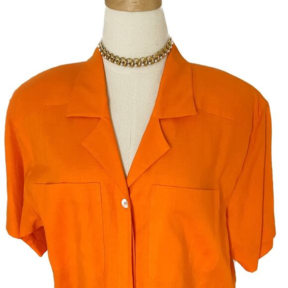 Vintage 90s Liz Claiborne 100% linen orange button-down safari blouse size XL - Picture 2 of 9